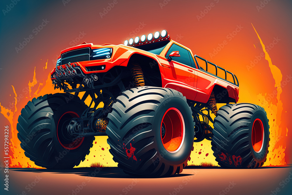 Sport cars are SUVs with enormous wheels. Image of a monster truck. Generative AI - obrazy, fototapety, plakaty 