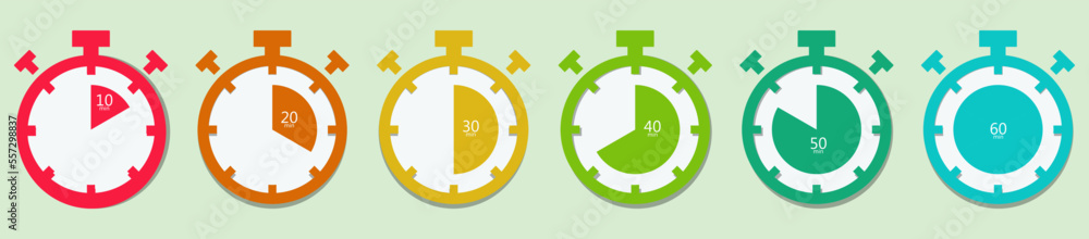 Timer and clock icon set. Time symbol flat icon. Stopwatch, timer, hourglass, Fast time icon.