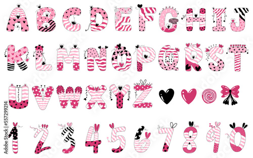Vector collection Valentines alphabet design in pink tones. On a white background for Valentine's Day theme decorations, card design, stickers, digital prints, bag patterns, scrapbook and more.