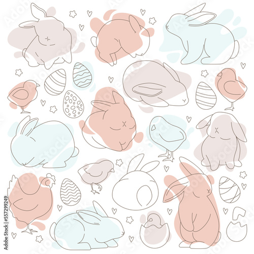 Easter holiday elements line art style icons set. Contemporary animals design. Spring cute rabbits, eggs and chicks