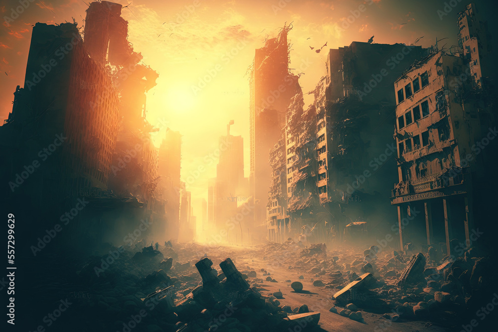 Post apocalyptic idea. destroyed city Fantasy idea. High quality