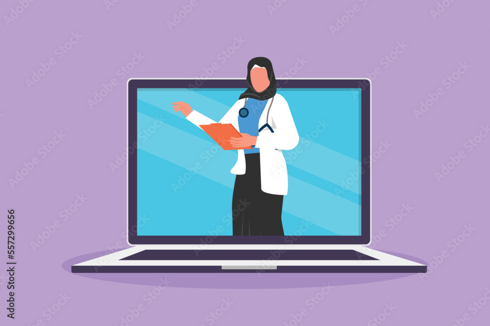 Cartoon flat style drawing Arabian female doctor comes out of laptop computer screen holding clipboard. Online medical app service. Digital healthcare consultation. Graphic design vector illustration Cartoon flat style drawing Arabian female doctor comes out of laptop computer screen holding clipboard. Online medical app service. Digital healthcare consultation. Graphic design vector illustration