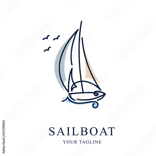 Simple Sailboat dhow boat ship on Sea Ocean Wave with line art style logo design