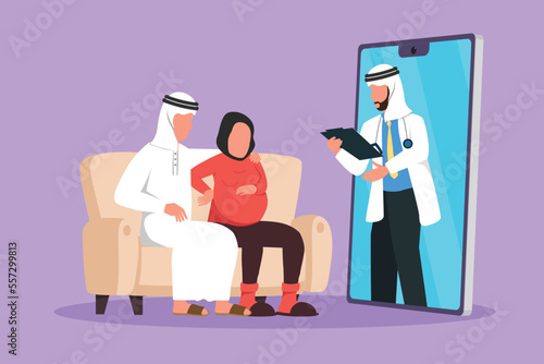 Character flat drawing Arab male doctor comes out from smartphone screen facing and gives consultation to couple patient with pregnant wife. Online digital medical. Cartoon design vector illustration