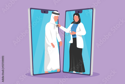 Graphic flat design drawing two smartphone facing each other with Arab female doctor checking heart rate of male patient using stethoscope. Online doctor medical app. Cartoon style vector illustration