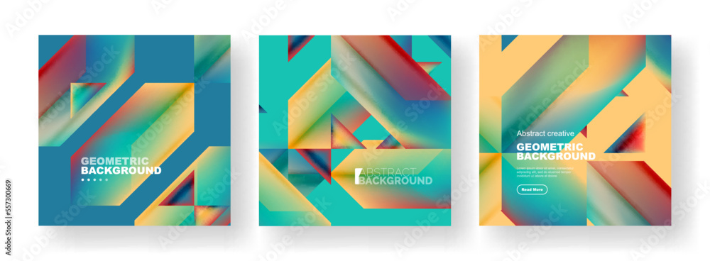Vector set of abstract geometric poster backgrounds, colorful shapes with fluid colors. Collection of covers, templates, flyers, placards, brochures, banners