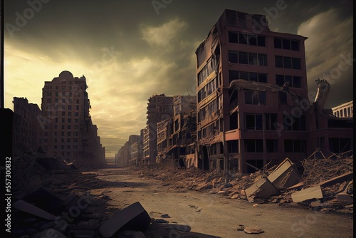 Fotografiet Destroyed city, destruction, end of the world, ruins cityscape future lost barre