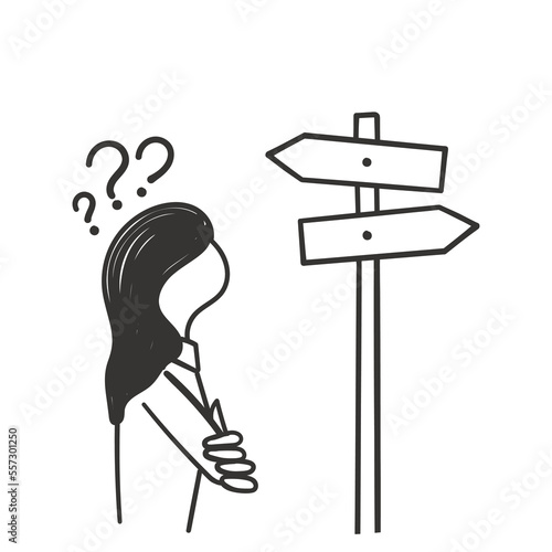 hand drawn doodle woman confused by the signpost illustration