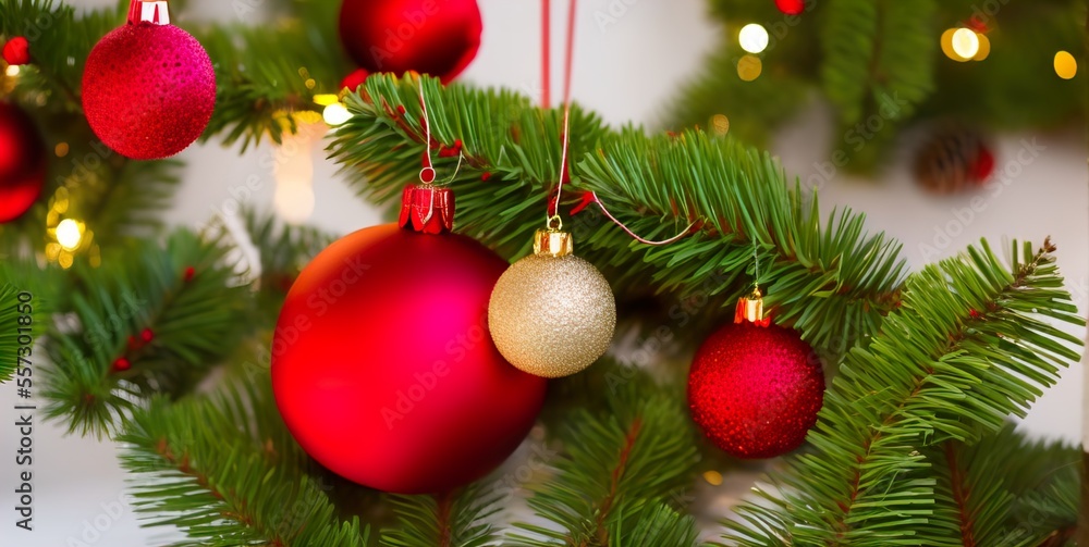 red christmas ball on tree red christmas ball on tree