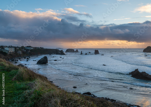 Vacation homes overlook Bandon beach at the Oregon Coast. photo