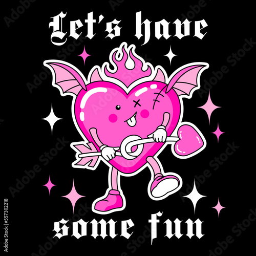 Groovy y2k print, sticker with devil heart with fun goth slogan. Cartoon cupid character in seams with hell wings. Creepy weird black and pink teen Valentine's day concept. Retro funky style.