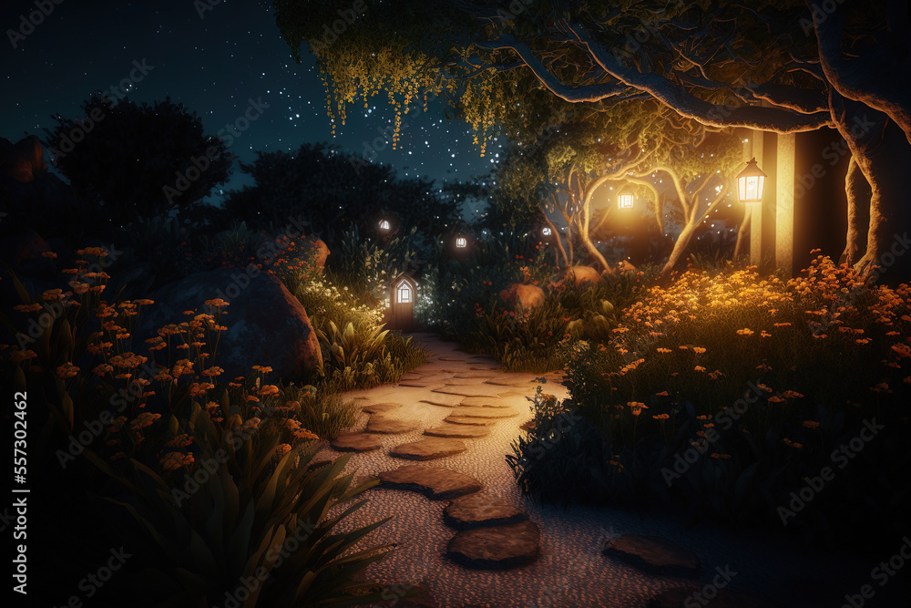 Obraz premium The garden with house at night, Generative AI.