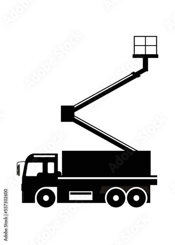 Bucket boom truck. Simple illustration in black and white.