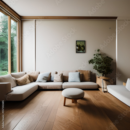 luxury home interior  living room dreamy sunken living room conversation pit  wooden floor  small windows opening onto the garden  bauhaus furniture and decoration  high ceiling  beige blue