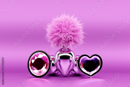 3D illustration. Silver butt anal plug sex toys on pink background.