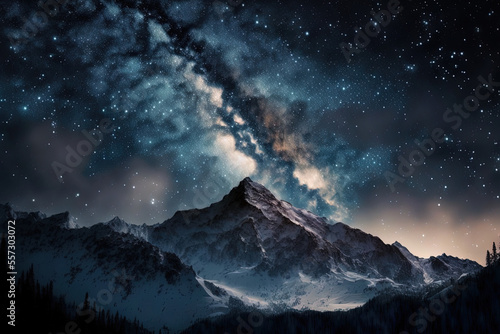 Starry night sky with a high mountain and the Milky Way galaxy filled with stars and cosmic dust. Generative AI