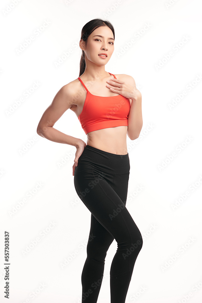 Beautiful young asian sport woman with sportswear ready for exercise on white background, Advertising sportswear and yoga wear, Healthy lifestyle, sport. Beautiful young asian sport woman with sportswear ready for exercise on white background, Advertising sportswear and yoga wear, Healthy lifestyle, sport.