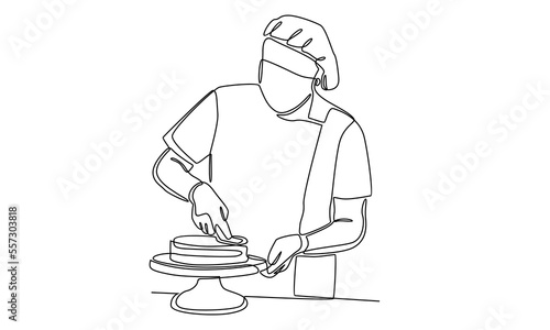 continuous line of chef baking and decorating cake