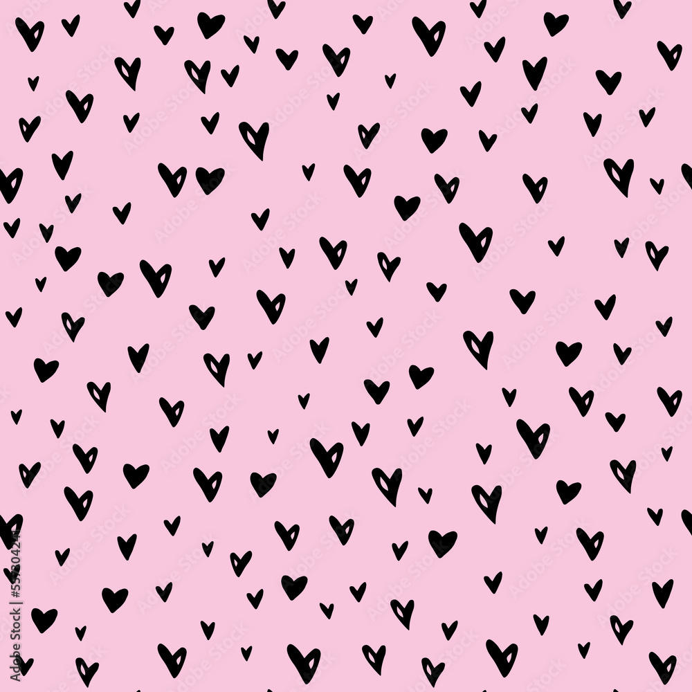 Vector pink Seamless abstract pattern of small black hearts. Hand drawn doodle background, texture for textile, wrapping paper, Valentines day. Vector pink Seamless abstract pattern of small black hearts. Hand drawn doodle background, texture for textile, wrapping paper, Valentines day.
