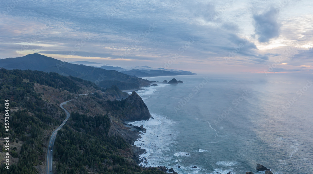 Highway 101 in Southern Oregon, drone aerial view Highway 101 in Southern Oregon, drone aerial view