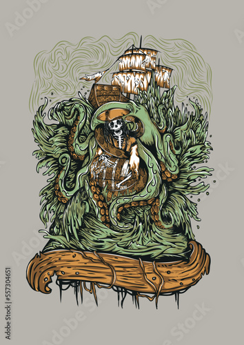 Giant Octopus Beats Pirate Vector Illustration