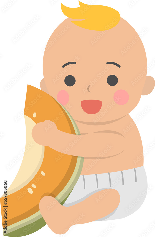 Cute baby with healthy cantaloupe, comic cartoon vector character