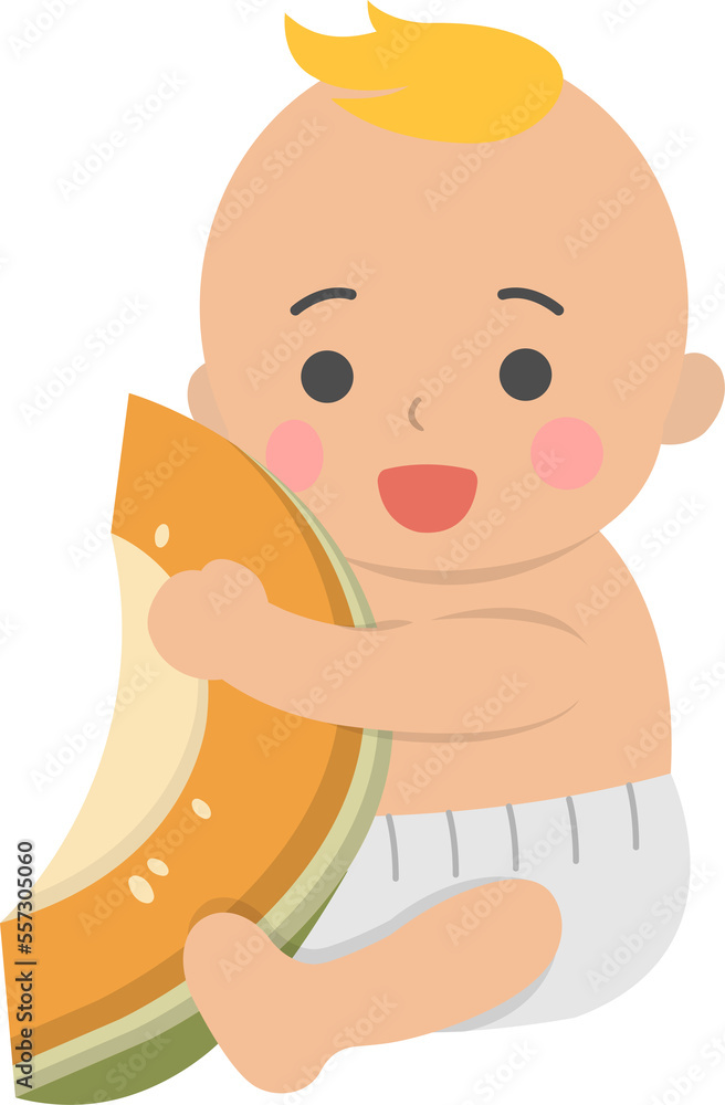 Cute baby with healthy cantaloupe, comic cartoon vector character Cute baby with healthy cantaloupe, comic cartoon vector character