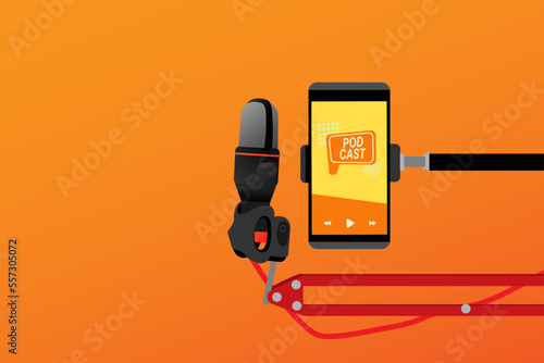 Mobile phone with open podcast playlist on screen and microphone on orange background