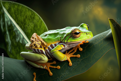 Beautiful tree frog on green leaves with a flying frog perched on top of it is a rachophorus reinwardtii javan tree frog. Generative AI photo