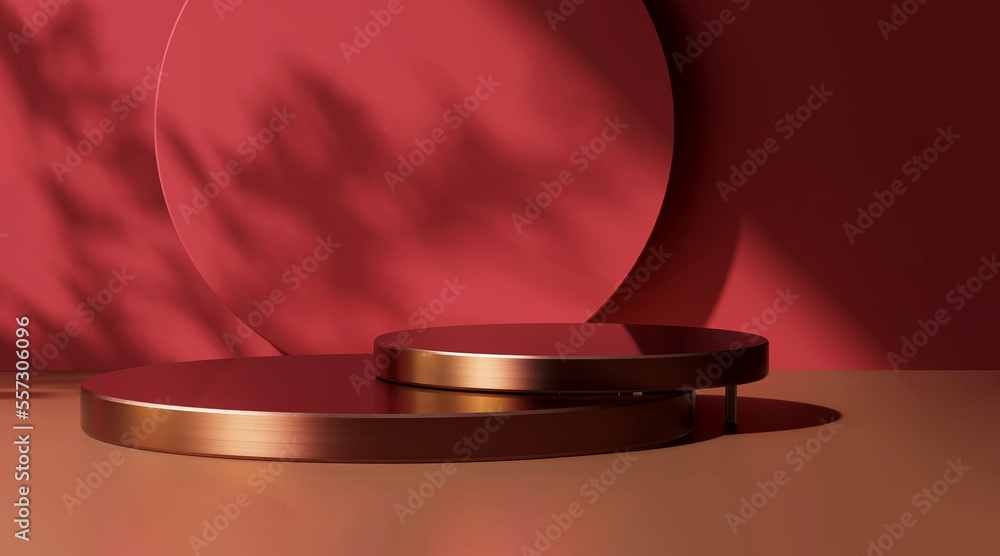 Two layer shiny steel gold round podium on brown table counter in dappled sunlight; leaf shadow on maroon red wall background for luxury beauty; cosmetic product display backdrop