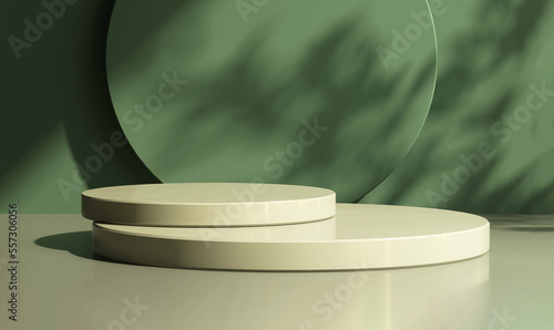 Two layer green round glossy podium with dappled sunlight, leaf shadow on matte dark green abstract wall with space in background for luxury beauty, fashion, cosmetic product display backdrop