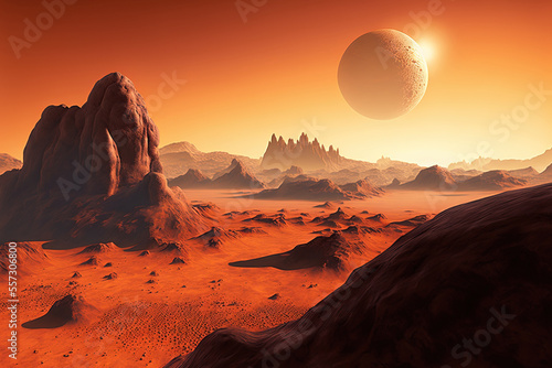 A realistic science fiction Mars planet environment features an orange degraded desert with mountains and a bright sun. Generative AI
