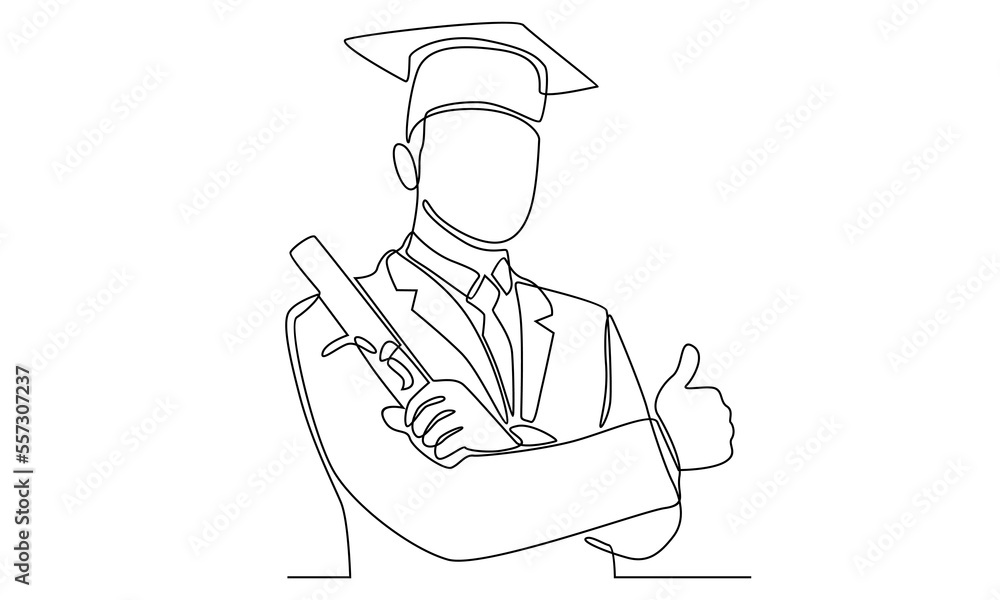 continuous line of man happy graduate with diploma