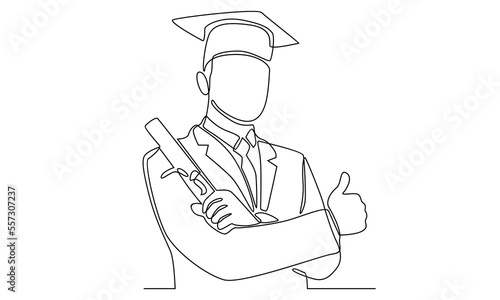 continuous line of man happy graduate with diploma