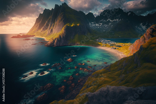 Rocks and fjord views at Norway's Lofoten Islands, a well known location for Scandinavian nature. Generative AI