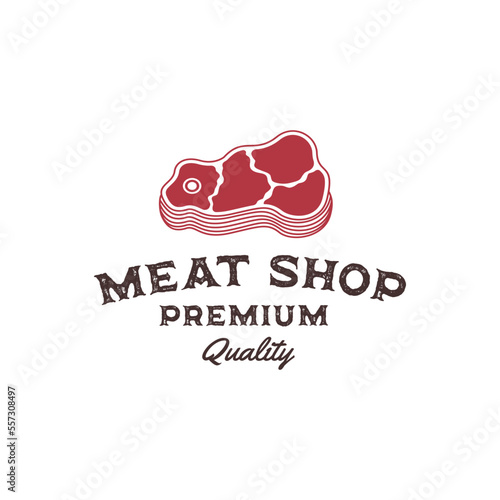 labels badges emblems and logo design elements for meat store or butchery market, vector vintage badge label of steak house, bistro, beef, restaurant, grilled food and cafe