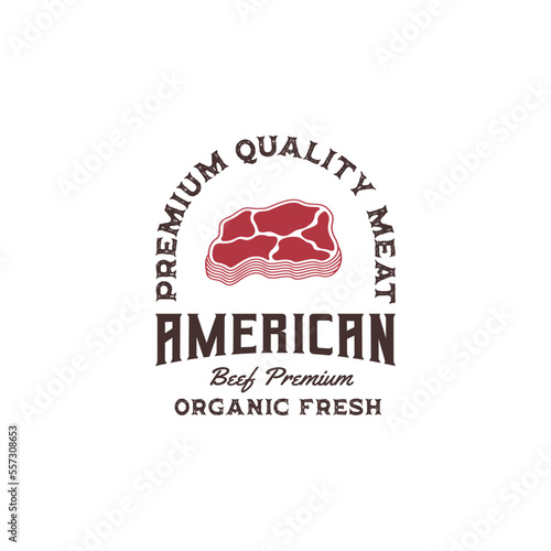 labels badges emblems and logo design elements for meat store or butchery market, vector vintage badge label of steak house, bistro, beef, restaurant, grilled food and cafe