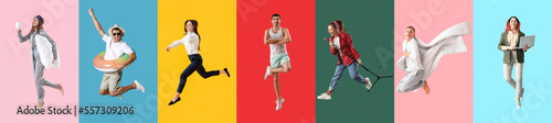 Set of jumping people on color background