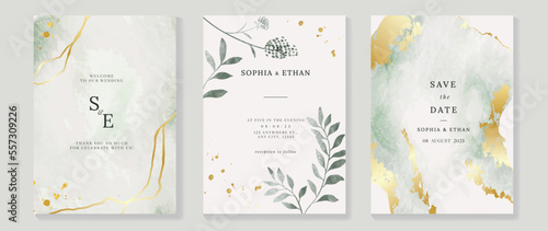 Luxury wedding invitation card template. Watercolor card with gold line art, leaves branches, foliage. Elegant autumn botanical vector design suitable for banner, cover, invitation.