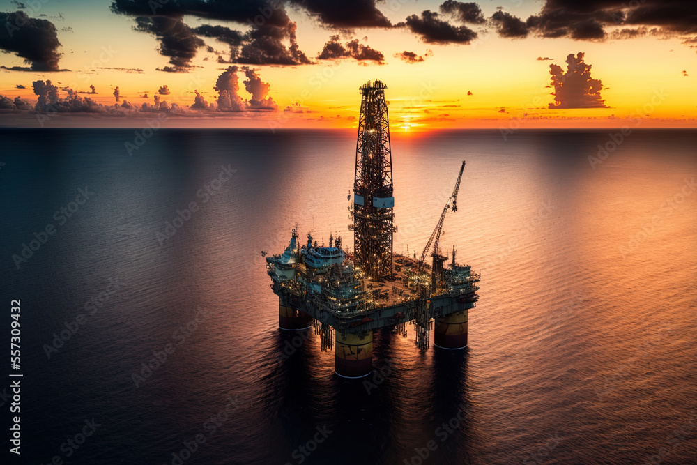 Aerial shot of a jack up drilling rig at an offshore area at dusk. Generative AI