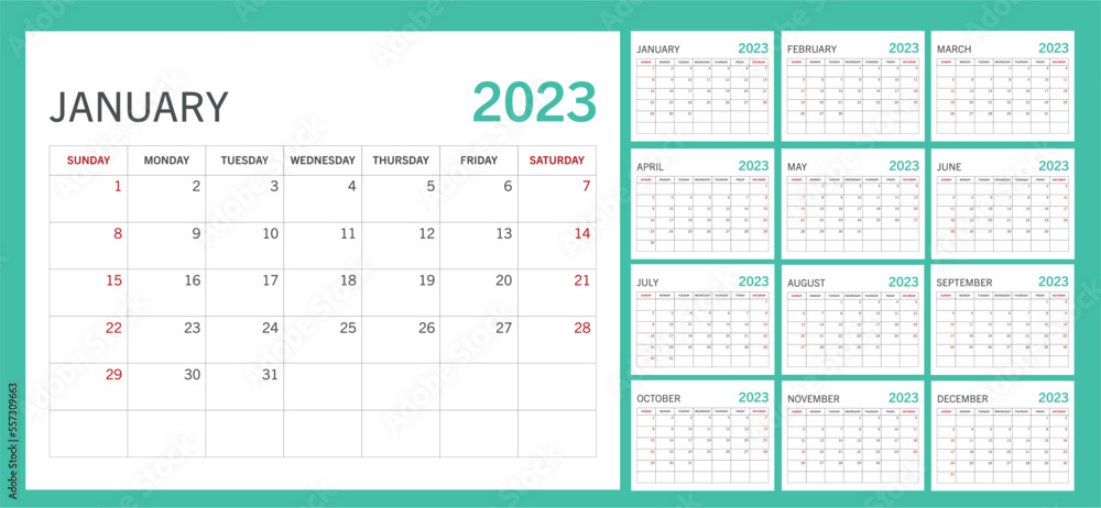 2023 Minimalist Monthly Calendar. Horizontal Shape Calendar Template. The Week Starts on Sunday.