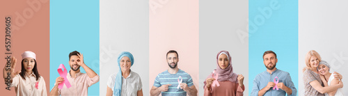 Set of people with awareness ribbons on color background. World Cancer Day