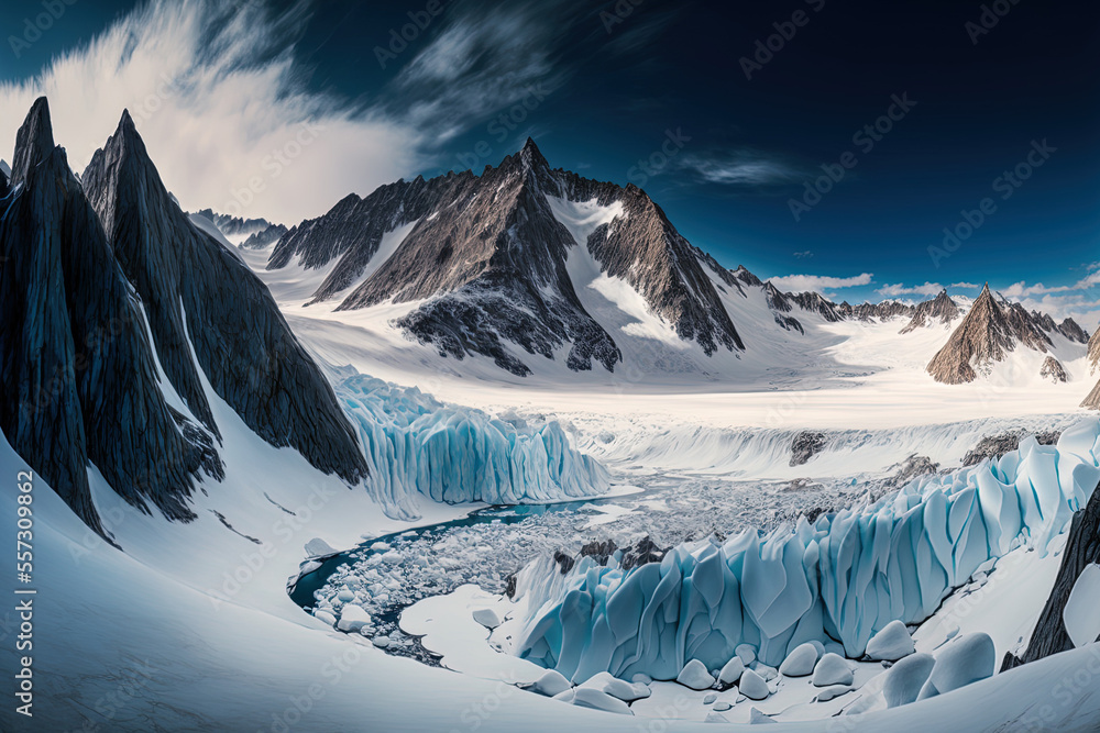 Beautiful panoramic image of snow covered ruth glaciers. Generative AI