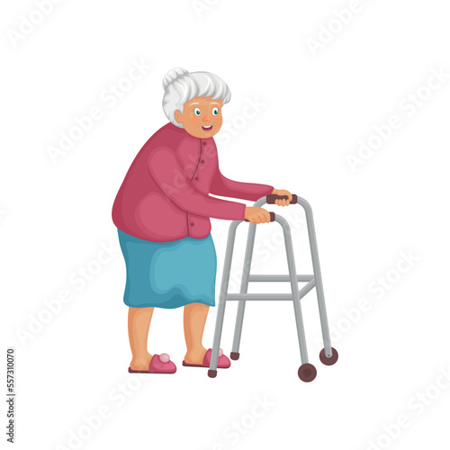 Grandma with a walker. A sweet grandmother is walking with a walker in her hands. Cheerful elderly woman in cartoon style. An old man. Vector illustration isolated on a white background