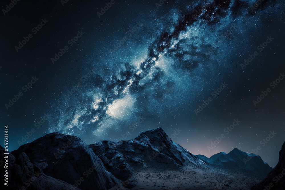 Background of starry night with the milky way galaxy passing over the mountain slope. Generative AI