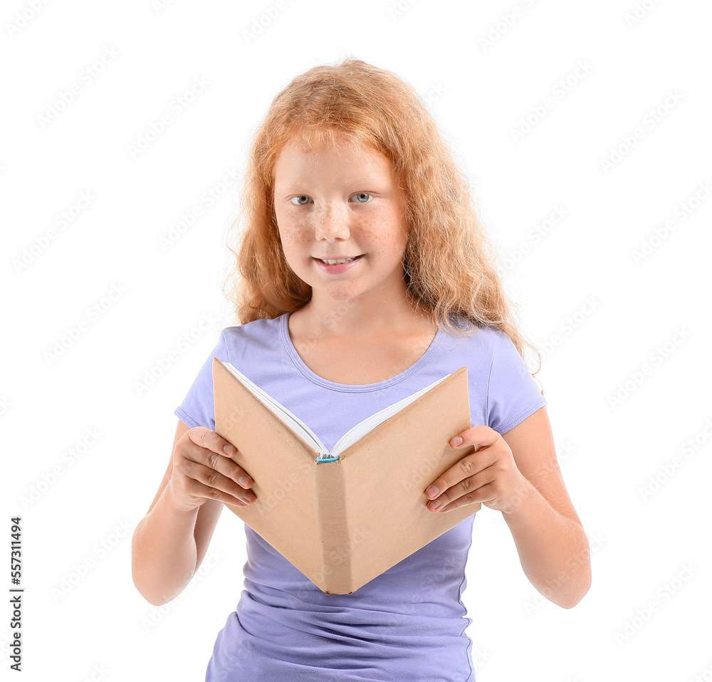 Little redhead girl with old book on white background Little redhead girl with old book on white background