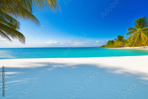 Golden sand with blue ocean. Beautiful tropical beach. White sand tropical paradise beach background summer vacation concept. Sea water against a white cloudy blue sky. Copy space. © nature line