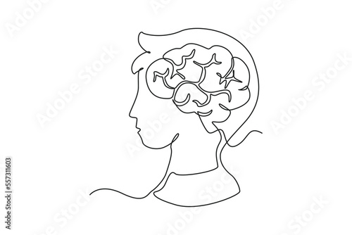 Continuous one line drawing Child's head with a brain. Kids body parts anatomy concept. Single line draw design vector graphic illustration.