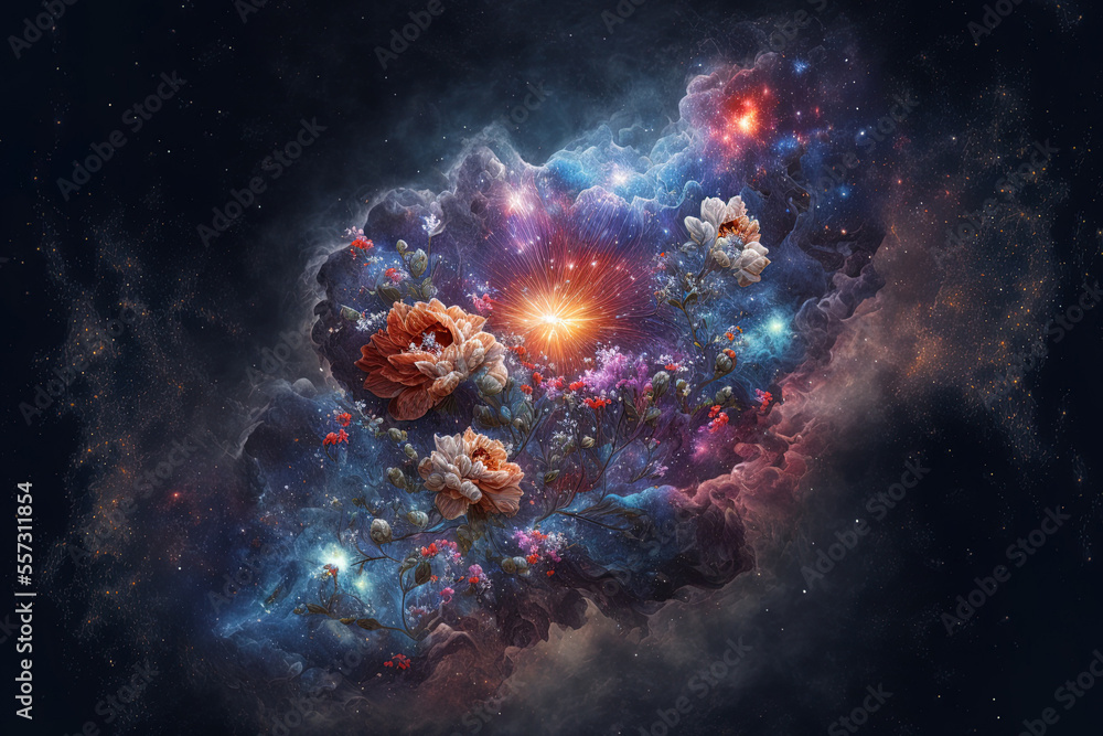 Obraz premium backdrop of a galaxy nebula with flowers. Generative AI