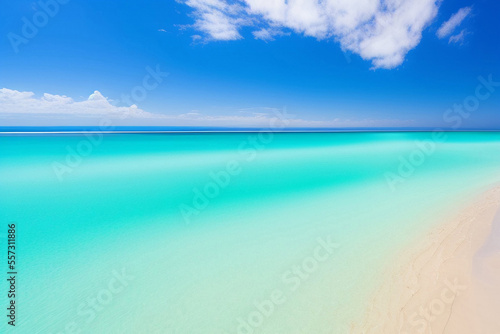 Golden sand with blue ocean. Beautiful tropical beach. White sand tropical paradise beach background summer vacation concept. Sea water against a white cloudy blue sky. Copy space. © nature line